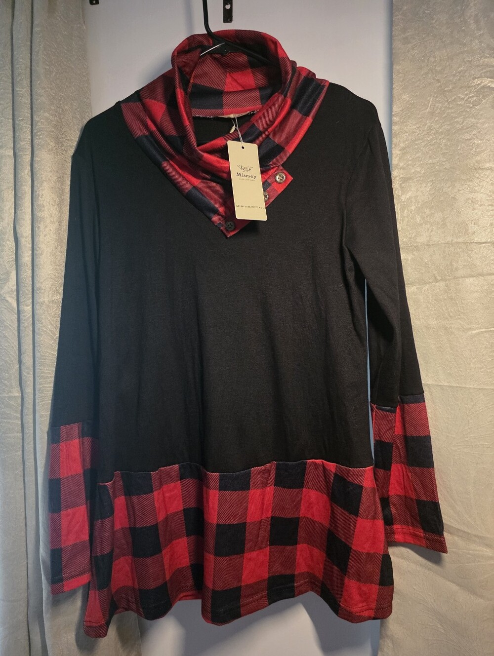 Women’s Black Tunic with Red Buffalo Plaid Trim - Musey